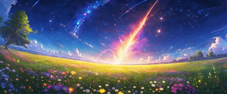 (<Close View|Open View>:1.2) <POV|Fisheye|Abstract View>, landscape, wildflower meadow, colorful flowers, fireflies, clouds hugging ground, Starry Night, Twinkling Stars, Shooting Star, (Giant Comet, Halley's Comet:1.25), Moonlight

(art by Makoto Shinkai, MTG, Ilya Kuvshinov:0.1)

(Flowing Composition:1.3), Luster, Vibrant, Dynamic Lighting, Polished, Studio Illustration, Dynamic Lighting, Professional