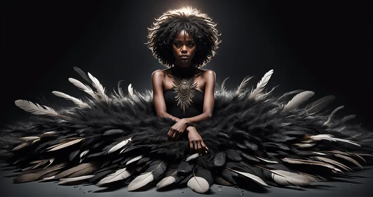 Masterpiece best quality, upper body dramatic pose Photograph of a beautiful eerie (black skinned african) girl with (hair made out of feathers:1.4), (floating in air:1.3), ripped stalkings, black eyeliner, shadowy eyes, eerie, brooding atmosphere

(symmetrical composition:1.25)

Canon EOS 90D DSLR, Nikon D3500 DSLR, Photo Realistic Details, Like-like texture, Global Illumination, Path Tracing, PBR, physically based rendering