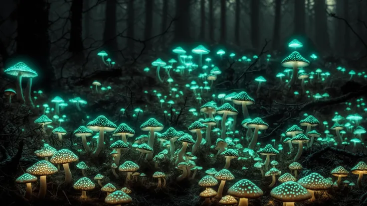 Dark eerie landscape full of (magical glowing bio-luminescent:1.25) mushrooms, toadstool, fungus 

highly detailed, high frequency, high pass, photo, realism