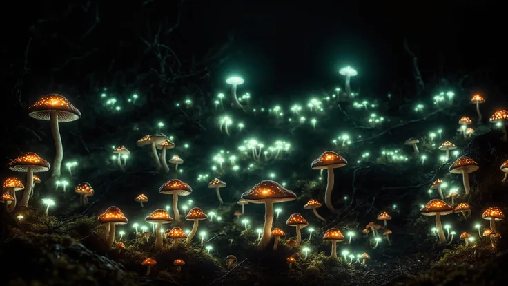 Dark eerie landscape full of (magical glowing bio-luminescent:1.25) mushrooms, toadstool, fungus 

highly detailed, high frequency, high pass, photo, realism