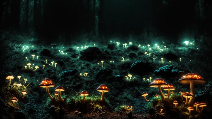 Dark eerie landscape full of (magical glowing bio-luminescent:1.25) mushrooms, toadstool, fungus 

highly detailed, high frequency, high pass, photo, realism