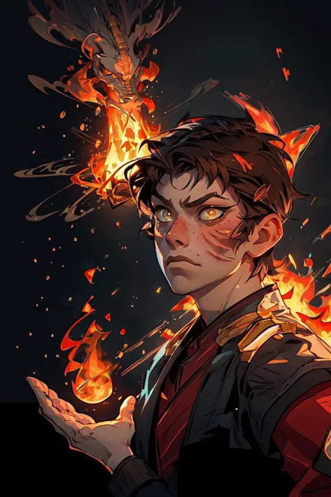 (Zuko:1.0), (man, boy, teenage boy:1.5), scar, yellow eyes, Japanese clothes, brown hair, japanese, burn scar on right side of face, short hair, fire, manipulating fire, fire breather, (realistic:1.2), (masterpiece:1.2), (full-body-shot:1.2),(Cowboy-shot:1.2), neon lighting, dark romantic lighting, (highly detailed:1.2),(detailed face:1.2), (gradients), colorful, detailed eyes, (detailed landscape:1.2), (natural lighting:1.2),(detailed background), detailed landscape, (dynamic pose:1.2), (solo, one person, one subject:1.5), <lora:atla_zuko-10:0.85> <lora:add_detail:0.15> <lora:hipoly3DModelLora_v10:0.05>  <lora:RSERomantic_RSESofiko_RSEEmma-v1:0.1> <lora:BeautifulEyes:0.65> <lyco:coloredSkin-08:0.3>