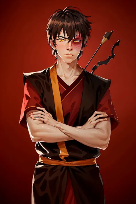 (masterpiece, best quality:1.2), <lyco:atla_zuko-10:1.0>, cowboy shot, solo, male focus, 1boy, zuko, scar, expressionless, looking at viewer, crossed arms, yellow eyes, japanese clothes