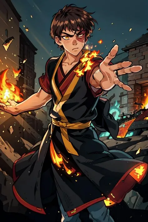 (Zuko:1.0), (man, boy, teenage boy:1.5), scar, yellow eyes, Japanese clothes, brown hair, japanese, burn scar on right side of face, short hair, fire, manipulating fire, fire breather, (realistic:1.2), (masterpiece:1.2), (full-body-shot:1.2),(Cowboy-shot:1.2), neon lighting, dark romantic lighting, (highly detailed:1.2),(detailed face:1.2), (gradients), colorful, detailed eyes, (detailed landscape:1.2), (natural lighting:1.2),(detailed background), detailed landscape, (dynamic pose:1.2), solo, <lora:atla_zuko-10:0.85> <lora:add_detail:0.15> <lora:hipoly3DModelLora_v10:0.05>  <lora:RSERomantic_RSESofiko_RSEEmma-v1:0.1> <lora:BeautifulEyes:0.65> <lyco:coloredSkin-08:0.3>