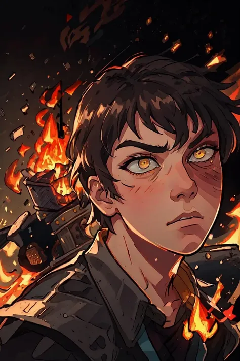 (Zuko:1.0), (man, boy, teenage boy:1.5), scar, yellow eyes, Japanese clothes, brown hair, japanese, burn scar on right side of face, short hair, fire, manipulating fire, fire breather, (realistic:1.2), (masterpiece:1.2), (full-body-shot:1.2),(Cowboy-shot:1.2), neon lighting, dark romantic lighting, (highly detailed:1.2),(detailed face:1.2), (gradients), colorful, detailed eyes, (detailed landscape:1.2), (natural lighting:1.2),(detailed background), detailed landscape, (dynamic pose:1.2), solo, <lora:atla_zuko-10:0.85> <lora:add_detail:0.15> <lora:hipoly3DModelLora_v10:0.05>  <lora:RSERomantic_RSESofiko_RSEEmma-v1:0.1> <lora:BeautifulEyes:0.65> <lyco:coloredSkin-08:0.3>