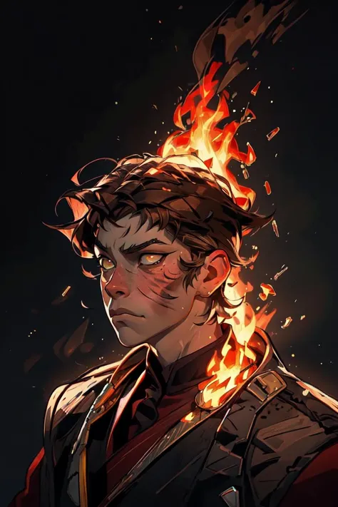 (Zuko:1.0), (man, boy, teenage boy:1.5), scar, yellow eyes, Japanese clothes, brown hair, japanese, burn scar on right side of face, short hair, fire, manipulating fire, fire breather, (realistic:1.2), (masterpiece:1.2), (full-body-shot:1.2),(Cowboy-shot:1.2), neon lighting, dark romantic lighting, (highly detailed:1.2),(detailed face:1.2), (gradients), colorful, detailed eyes, (detailed landscape:1.2), (natural lighting:1.2),(detailed background), detailed landscape, (dynamic pose:1.2), (solo, one person, one subject:1.5), <lora:atla_zuko-10:0.85> <lora:add_detail:0.15> <lora:hipoly3DModelLora_v10:0.05> <lora:RSERomantic_RSESofiko_RSEEmma-v1:0.1> <lora:BeautifulEyes:0.65> <lyco:coloredSkin-08:0.3>