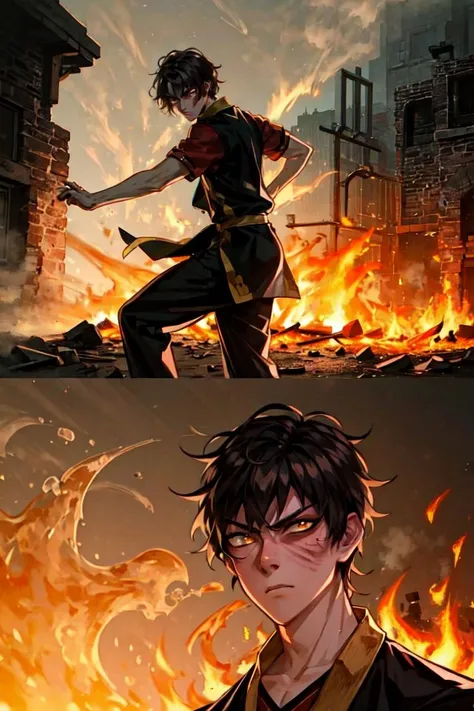 (Zuko:1.0), (man, boy, teenage boy:1.5), scar, yellow eyes, Japanese clothes, brown hair, japanese, burn scar on right side of face, short hair, fire, manipulating fire, fire breather, (realistic:1.2), (masterpiece:1.2), (full-body-shot:1.2),(Cowboy-shot:1.2), neon lighting, dark romantic lighting, (highly detailed:1.2),(detailed face:1.2), (gradients), colorful, detailed eyes, (detailed landscape:1.2), (natural lighting:1.2),(detailed background), detailed landscape, (dynamic pose:1.2), solo, <lora:atla_zuko-10:0.85> <lora:add_detail:0.15> <lora:hipoly3DModelLora_v10:0.05> <lora:RSERomantic_RSESofiko_RSEEmma-v1:0.1> <lora:BeautifulEyes:0.65> <lyco:coloredSkin-08:0.3>