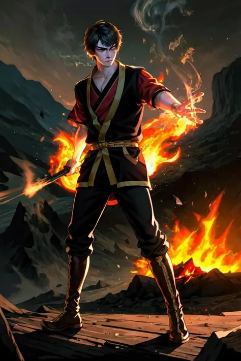 (Zuko:1.0), (man, boy, teenage boy:1.5), scar, yellow eyes, Japanese clothes, brown hair, japanese, burn scar on right side of face, short hair, fire, manipulating fire, fire breather, (realistic:1.2), (masterpiece:1.2), (full-body-shot:1.2),(Cowboy-shot:1.2), neon lighting, dark romantic lighting, (highly detailed:1.2),(detailed face:1.2), (gradients), colorful, detailed eyes, (detailed landscape:1.2), (natural lighting:1.2),(detailed background), detailed landscape, (dynamic pose:1.2), solo, <lora:atla_zuko-10:0.85> <lora:add_detail:0.15> <lora:hipoly3DModelLora_v10:0.05> <lora:RSERomantic_RSESofiko_RSEEmma-v1:0.1> <lora:BeautifulEyes:0.65> <lyco:coloredSkin-08:0.3>