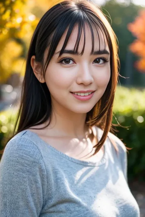 1girl,wearing a sweater,(RAW photo, best quality), (realistic, photo-realistic:1.4), masterpiece, an extremely delicate and beautiful, extremely detailed, 2k wallpaper, Amazing, finely detail, extremely detailed CG unity 8k wallpaper, ultra-detailed, highres, soft light, beautiful detailed girl, extremely detailed eyes and face, beautiful detailed nose, beautiful detailed eyes,cinematic lighting,autumn scenery,perfect anatomy,slender body,smiling, <lora:sawaguchiaika_lora:0.8>