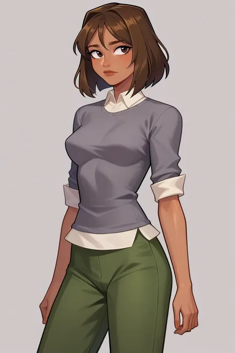 score_9, score_8_up, score_7_up, BREAK, 1girl, solo, breasts, <lora:courtneytd-guy-PONYv1:1>, courtneytd, dark skin, freckles, grey shirt, collard shirt, sweater, sleeves rolled up, green pants