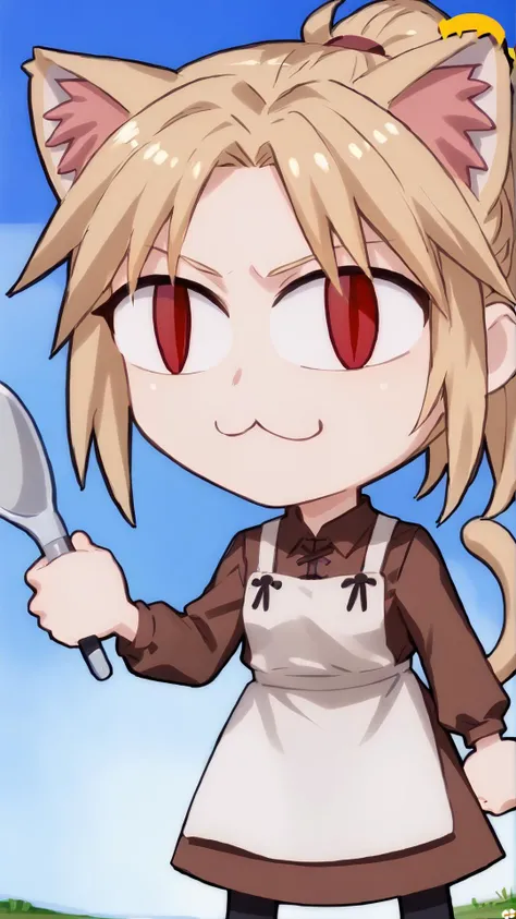 <lora:necoarc-guy-PONY-v1:1> necoarc, slit pupils, cat ears, red eyes, chibi, :3,  <lora:ff7claudia-pdxl-nvwls-v1:0.8> ff7Claudia, blonde hair, ponytail, brown dress, apron, long sleeves, score 9, score 8 up, score 7 up, score 6 up, score 5 up, score 4 up, BREAK,