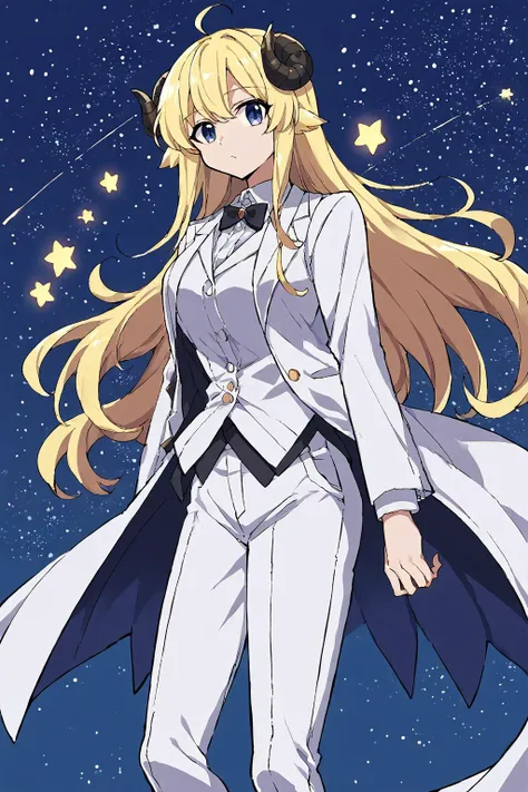 source_anime, score_9, score_8_up, 1girl, <lora:last_1:0.9> TsunomakiWatame, horns, long hair, ahoge, white formal suit, formal jacket, white vest, white pants,, solo, stars, blue background, night time, white top hat