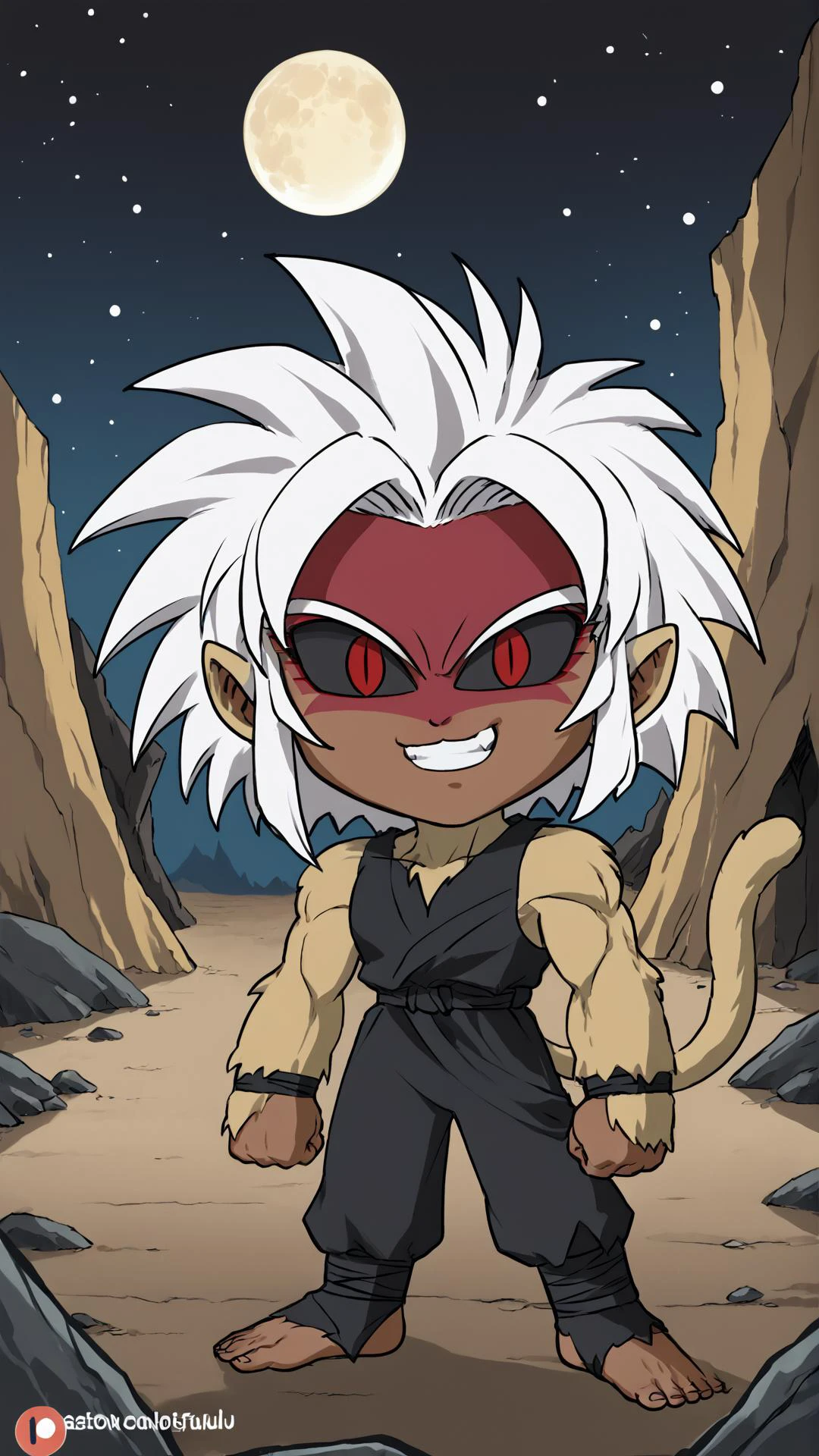 <lora:Sento_Saiyans_XL:0.8> Sento Saiyan, body fur, blonde fur, dark skin, dark-skinned, white hair, black sclera, yellow eyes, blonde monkey tail, red facepaint, grin, full moon, stars, canyon, rock, <lora:necoarc-guy-PONY-v1:1> necoarc, slit pupils, cat ears, red eyes, chibi, :3, score 9, score 8 up, score 7 up, score 6 up, score 5 up, score 4 up, BREAK,