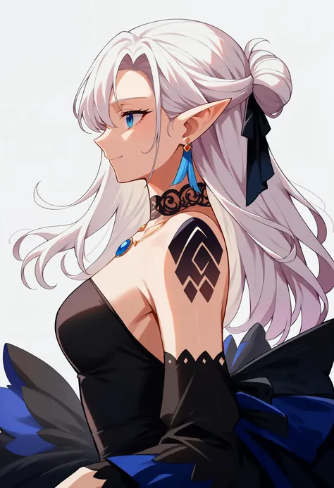 score_9, score_8_up, score_7_up, source_anime, female, evening gown, layered dress, layered skirt, detached sleeves, half updo, white hair, blue eyes, humanoid pointy ears, black dress, necklace, tassel earrings, solo, light smile, profile, white background, hair ribbon,