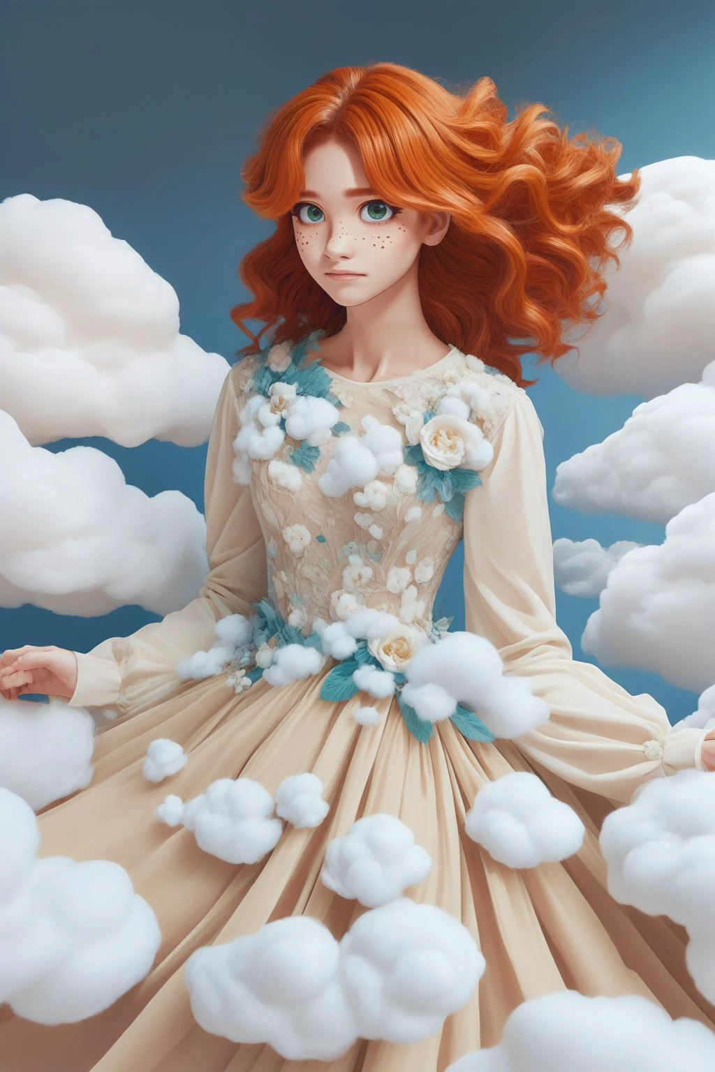 source_anime, score_9, score_8_up, 1girl, solo, <lora:NSGingerPortia:1> NSGingerPortia, freckles, ginger hair, <lora:edgCloudPony:1> edgCloudPony, edgCloud, a woman wearing a dress made of clouds , wearing edgCloud, floating