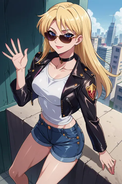 score_9, score_8_up, score_7_up, score_6_up, score_5_up, score_4_up, BREAK source_anime,1girl,solo, anime screencap,smile,looking at viewer
<lora:edgNadiaPony:0.7> nadia, sunglasses, choker, leather jacket,shirt,denim shorts,sexy pose,lips,lipstick,collarbone,from above,top angle,city skyline,waving