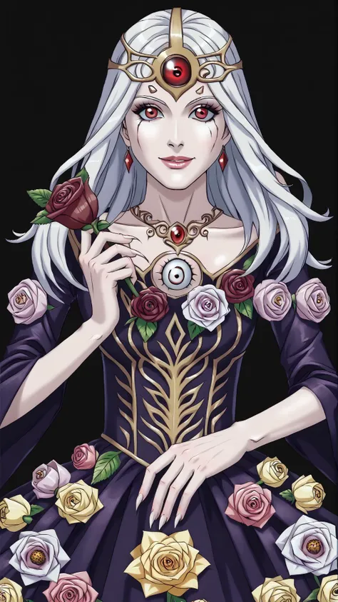 <lora:CassiaPony:0.75> CassiaRT, 1girl, red eyes, white hair, pale skin, solo, third eye, claws, smile, <lora:edgPetalDressPonyv1:0.8> edgPetal, a woman wearing a dress made of flower petals, wearing edgPetal, rose, orchid, tulip