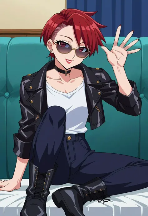 score_9, score_8_up, score_7_up, score_6_up, score_5_up, score_4_up, BREAK source_anime,1girl,solo, anime screencap,smile,looking at viewer,sitting,bedroom,nighttime,waving,sexy pose
,young woman, short hair, undercut, red hair, sunglasses, choker, leather jacket, shirt, pants, boots,lips,lipstick,collarbone,