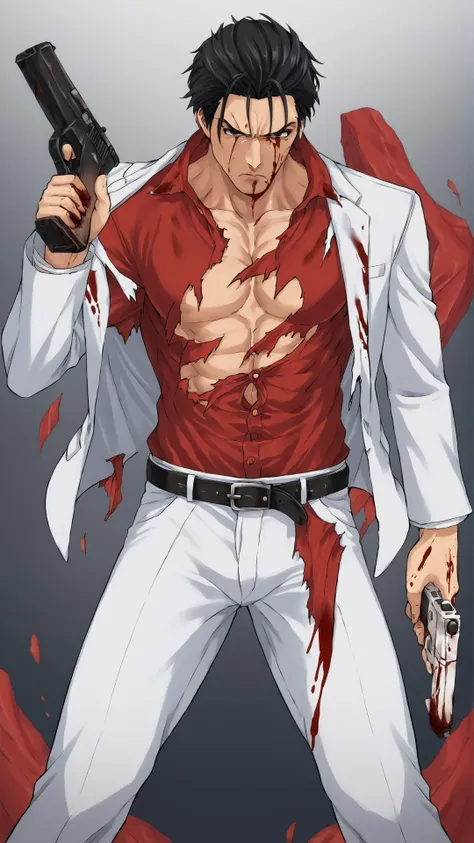 <lora:Dramatic Exposure (3xp05ure):0.8> 3xp05ure, torn clothes, bursting clothes, undressing, <lora:kiryukazuma-guy-PONYv1:0.8> kiryukazuma, 1boy, black hair, muscular, red shirt, white jacket, formal, white shirt, suit, pants, belt, red shirt, formal, pants, belt, angry, deep wound, injury, blood, <lora:XL_Weapon_Dual_Pistol_Pov_-_By_HailoKnight:0.8> dual pistol pov, gun, holding gun, score 9, score 8 up, score 7 up, score 6 up, score 5 up, score 4 up, BREAK,