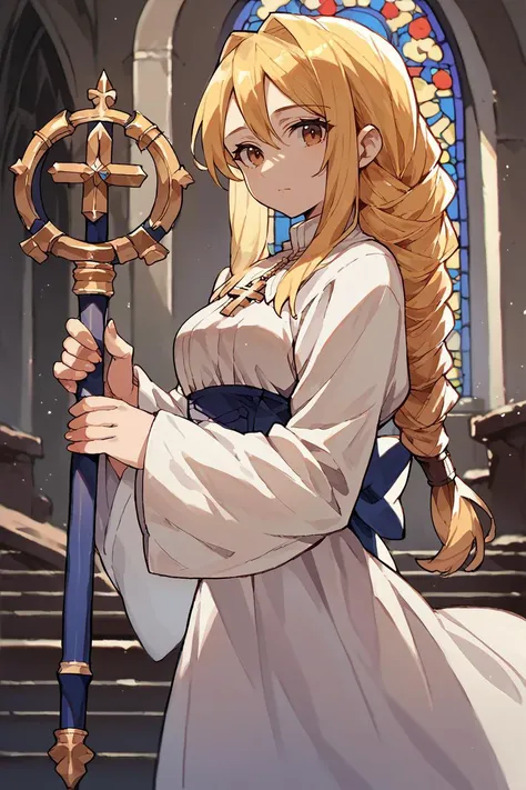 score_9, score_8_up, score_7_up, score_6_up, source_anime, 1girl, solo BREAK  <lora:agrias-pdxl-nvwls-v1-000005:0.9> agrias, blonde hair, brown eyes, braided ponytail, white robes, mitre, holding staff, wide sleeves, church, indoors, looking at viewer