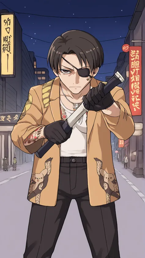 <lora:KagurabachiPose_XLPD:0.7> IncrsUnsheathingAKatanaMeme, holding sheath, <lora:majima-guy-PONYv1:0.8> majima, majimaDEF, eyepatch, tattoo, necklace, jacket, animal print, open clothes, black gloves, black pants, tokyo, japan, city, night,, score 9, score 8 up, score 7 up, score 6 up, score 5 up, score 4 up, BREAK,