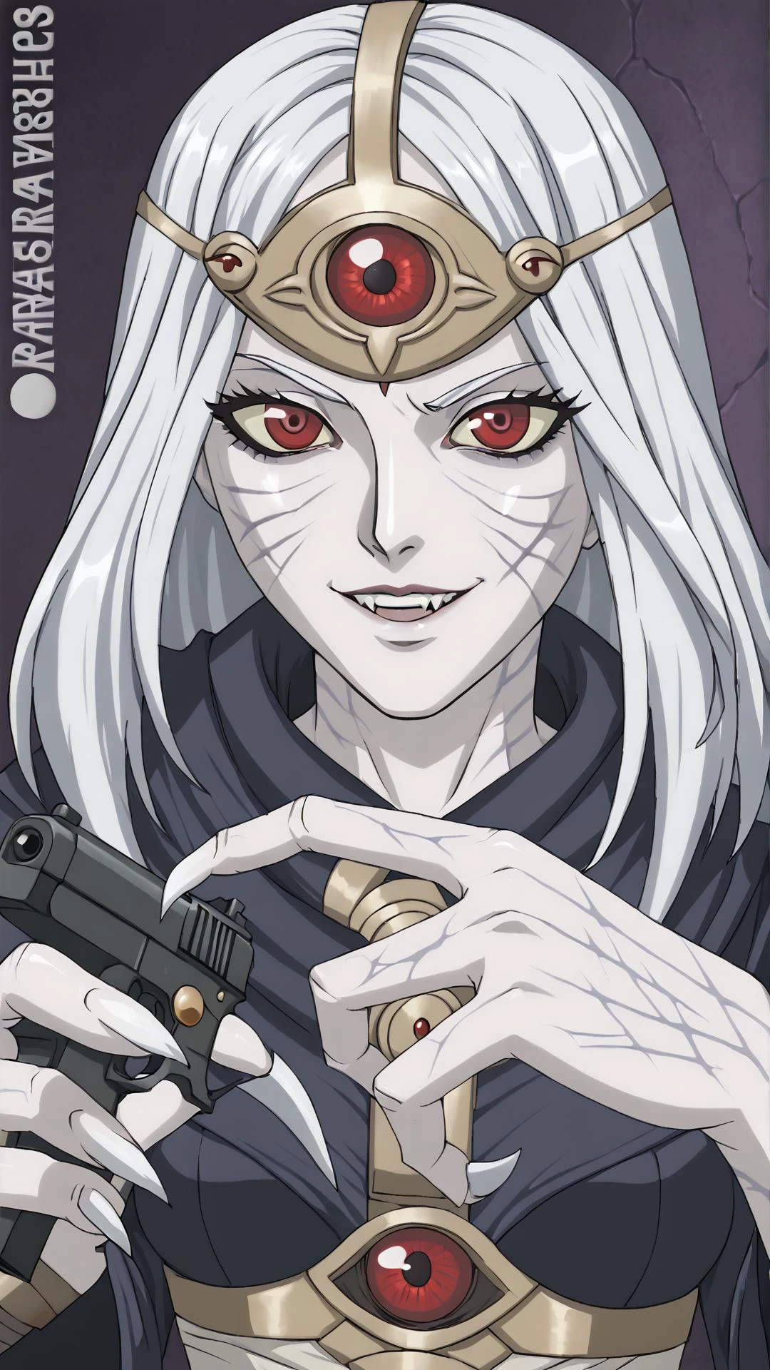 <lora:CassiaPony:0.75> CassiaRT, 1girl, red eyes, white hair, pale skin, solo, third eye, claws, smile, <lora:XL_Weapon_Dual_Pistol_Pov_-_By_HailoKnight:0.8> dual pistol pov
