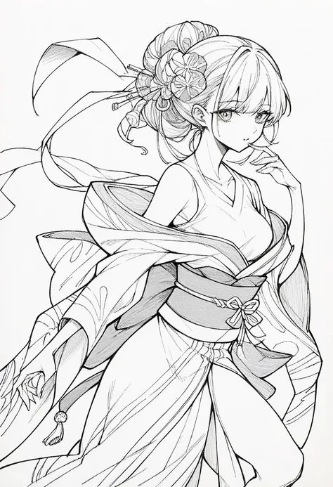 (Cloisonnism:1.2), white background, 1 girl, oriental elements, reasonable design, clear lines, (lineart. monochrome)