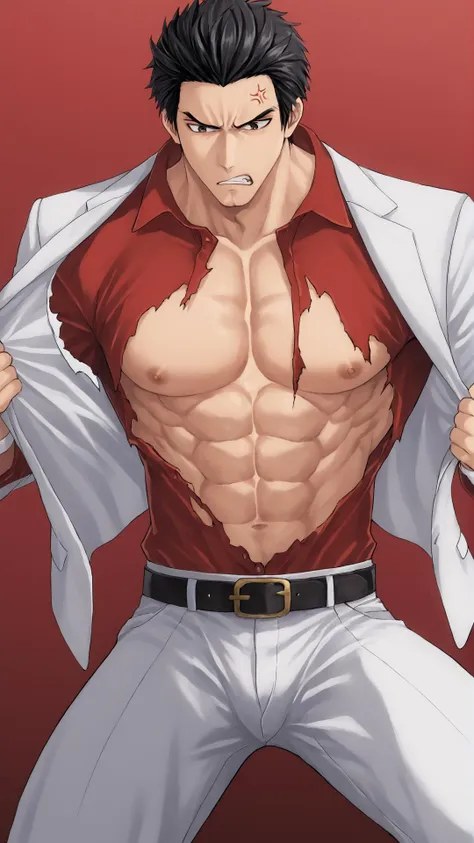 <lora:Dramatic Exposure (3xp05ure):0.8> 3xp05ure, torn clothes, bursting clothes, undressing, <lora:kiryukazuma-guy-PONYv1:0.8> kiryukazuma, 1boy, black hair, muscular, red shirt, white jacket, formal, white shirt, suit, pants, belt, red shirt, formal, pants, belt, angry, score 9, score 8 up, score 7 up, score 6 up, score 5 up, score 4 up, BREAK,