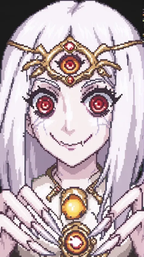 <lora:CassiaPony:0.75> CassiaRT, 1girl, red eyes, white hair, pale skin, solo, third eye, claws, smile, <lora:cone:0.8> c0ne, pixel art