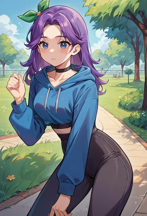 score_9, score_8_up, score_7_up, source_anime, 1girl, solo, NSAbigailStardew, purple hair, blue eyes, long hair, parted bangs, choker, green hair ribbon, outdoors, park, blue hoodie, high-waist pants, yoga pants, black pants, light blush, <lora:NSAbigailStardew:1>