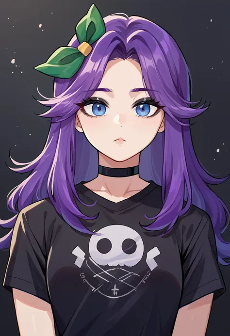 score_9, score_8_up, score_7_up, source_anime, 1girl, solo, NSAbigailStardew, purple hair, blue eyes, long hair, parted bangs, choker, green hair ribbon, black shirt, t-shirt, goth, eyeliner, eyeshadow, <lora:NSAbigailStardew:1>