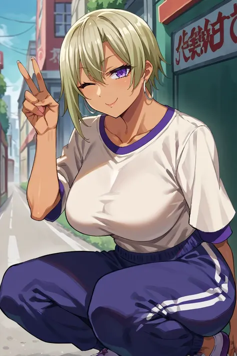 score_9, score_8_up, score_7_up, score_6_up, source_anime BREAK 1girl, solo <lora:honjouranko-pdxl-nvwls-v1-000005:1> houjou ranko, blonde hair, purple eyes, tan, hoop earring, big breasts, yellow t-shirt, track pants, squatting, looking at viewer, wink, peace sign, city street