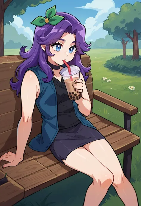 score_9, score_8_up, score_7_up, source_anime, 1girl, solo, NSAbigailStardew, purple hair, blue eyes, long hair, parted bangs, choker, green hair ribbon, blue vest, open vest, sleeveless, black shirt, skirt, black leggins, outdoors, sitting, on bench, drinking, sipping, straw, bubble tea, <lora:NSAbigailStardew:1>