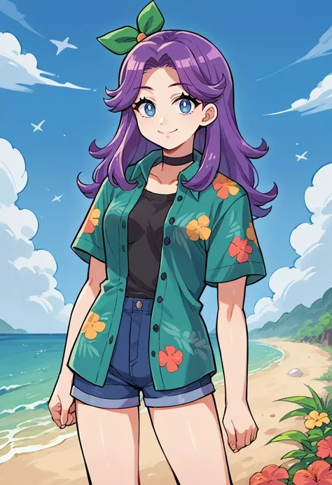 score_9, score_8_up, score_7_up, source_anime, 1girl, solo, NSAbigailStardew, purple hair, blue eyes, long hair, parted bangs, choker, green hair ribbon, hawaiian shirt, dress shirt, unbuttoned, multicolored shirt, shorts, smile, outdoors, beach, <lora:NSAbigailStardew:1>