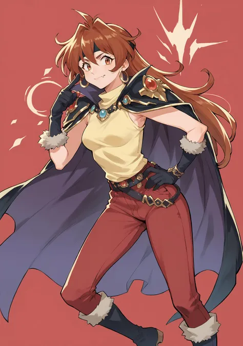 score_9, score_8_up,LNPD-ova, 1girl,  <lora:Lina PDXL:0.8>,  cape, fang, red pants, sleeveless yellow shirt, headband, black boots, black gloves,  hoop earrings, fur-trimmed gloves, index finger raised, hand on hip,   closed mouth