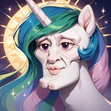 (source_pony), score_8_up, score_7_up, score_6_up, score_5_up, score_4_up, rating_safe, upper body, highly detailed, intricate, (((sparkles))) (sparkle background)
((face shot))
((pony)) (princess Celestia in Pony form)
looking to viewer, evil smile, ((white skin)) (closed lip smile)
ndetailed background, complex lighting, realistic skin texture, detailed face, detailed hair, detailed face, amazing eyes, detailed eyes, highly detailed, masterpiece, perfect teeth