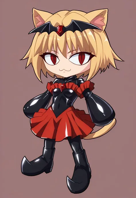 score_9, score_8_up, score_7_up, 1girl, solo, (necoarc:1.3), blonde hair, red eyes, slit pupils, cat ears, :3, chibi, black badend-bodysuit, badend-tiara, red frills, red skirt, red gem, latex bodysuit,