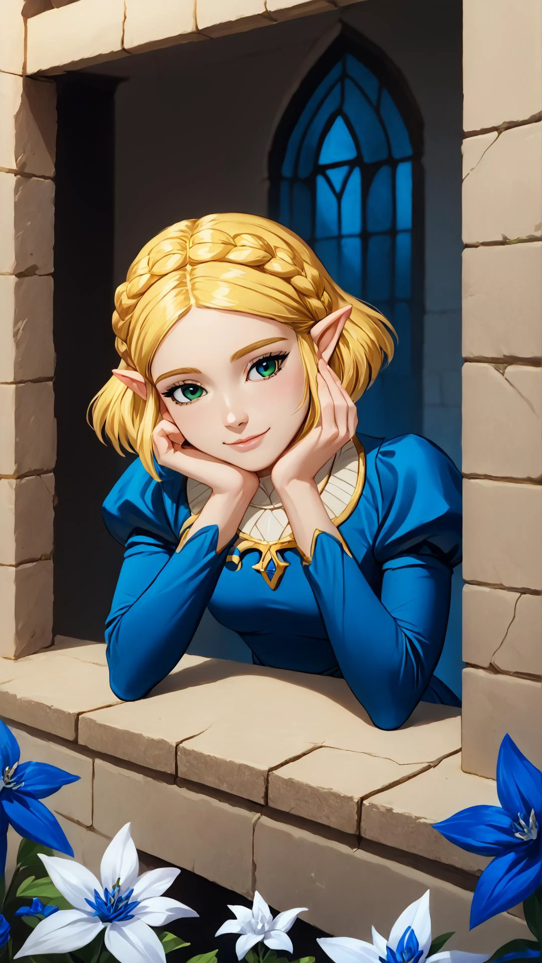 <lora:from_outside_window_24re_pony_2_d4:0.8> from outside window, <lora:ZeldaXL:0.8> zelda, 1girl, blonde hair, green eyes, crown braid, short hair, blue dress, jewelry, leaning forward, light smile, light blush, head rest, head tilt, (Silent Princess flower, white flowers, blue flowers:1.15), castle, <lora:RealisticAnime:0.8> (ultra realistic, 32k, masterpiece:1.2), (high detailed skin:1.1), (high quality:1.1), bokeh, luminescent background, sunbeam, shadow, score 9, score 8 up, score 7 up, score 6 up, score 5 up, score 4 up, BREAK,