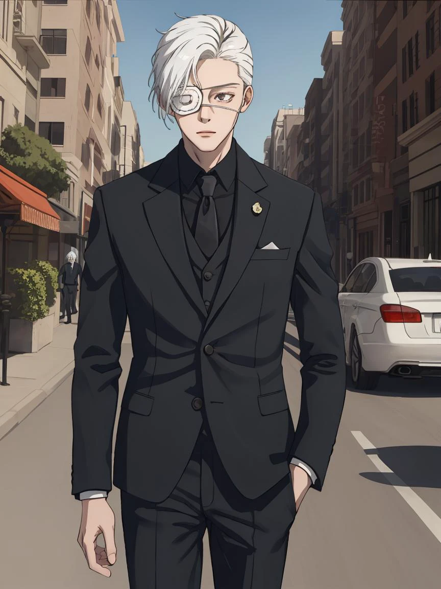 bai,white hair,right white eye mask, suit,1boy,street, masterpiece, best quality, <lora:bai-v2-000008:0.7>