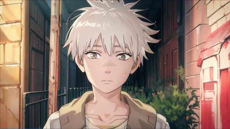 1boy,white hair,shirt,gold eyes,outdoor <lora:Heavenly-style-000002:1>