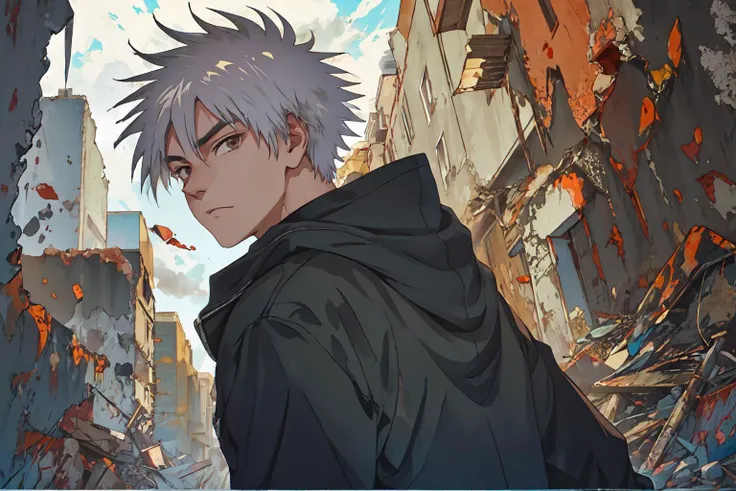 zhenliu, 1boy, male focus, silver hair, looking at viewer, city ruins, cowboy shot<lora:zhenliu-v3-000008:0.85>