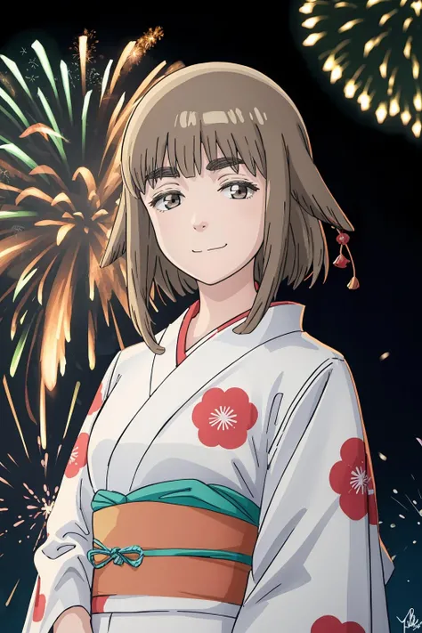 1girl, mimei,japanese clothes, solo, kimono, fireworks,  smile, sash, obi, looking at viewer, bangs, short hair, upper body, yukata, blunt bangs, signature, brown eyes, blue kimono, closed mouth, masterpiece, best quality, <lora:mimei-2:1>