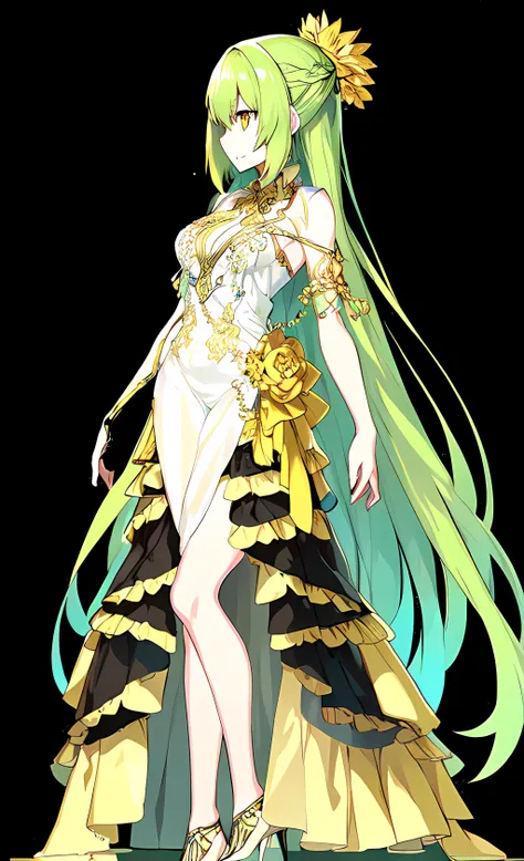 solo, solo focus, 1girl, green hair, yellow eyes, long hair, white dress, high heels, see-through dress,
fgo sprite, full body, standing, black background, simple background, looking afar,
<lora:fgo_sprite_lora:0.9>
