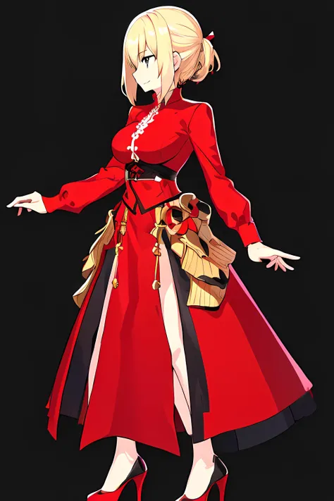 solo, solo focus, 1girl, blonde hair, medium hair, medium breasts, red shirt, high heels,
fgo sprite, full body, standing, black background, simple background, looking afar,
<lora:fgo_sprite_lora_32_64:1>