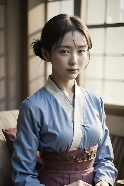 Best quality, masterpiece, ultra high res, (photorealistic:1.4), raw photo, 1girl, blue hanbok, closeup, looking at viewer, korean castle, updo, hair ornament,