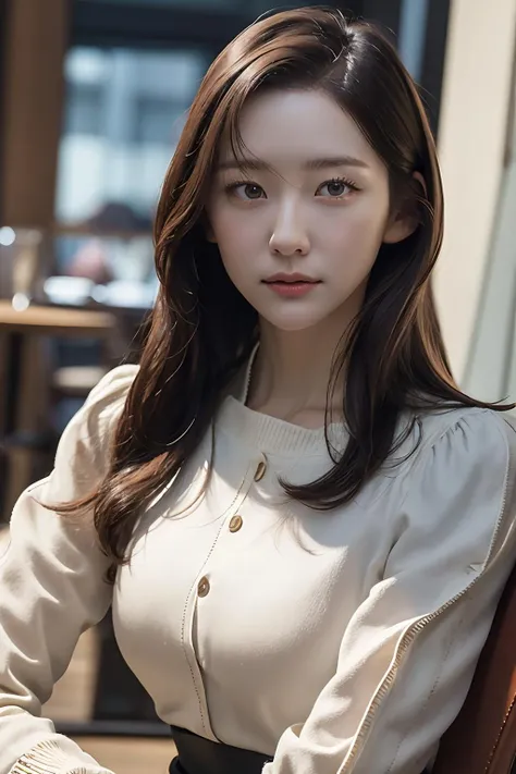Best quality, masterpiece, ultra high res, (photorealistic:1.4), raw photo, 1girl, inside cafe, closeup, looking at viewer, long hair