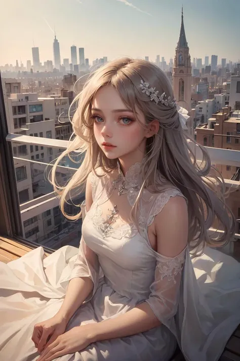 <lora:GoodHands-vanilla:1>,Cowboy Shot,((glossy eyes)),(masterpiece, best quality:1.4)best quality,high detail,(detailed face),detailed eyes,(beautiful, aesthetic, perfect, delicate, intricate:1),best quality,masterpiece,<lora:more_details:0.3>,<lyco:GPTS4 dreamwave full_478773:0.3>,A young girl with long,flowing hair is sitting on a rooftop in a big city. She is looking out at the skyline,her eyes filled with wonder,