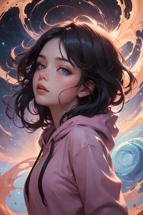 masterpiece,best quality,(absurdres, highres, ultra detailed),(absurdres, best quality:1.3, dark shot, extremely detailed),(masterpiece portrait of a girl, from side, upper body, looking up, blue eyes, natural skin texture, long dark hair, straight hair, floating hair, oversized hoodie, hood down),beautiful galaxy lighting up the sky,amazing background filled with cosmic swirls,(style-swirlmagic:1.4, style swirling cosmo magic:1.4, magical, magical swirls:1.3),(hyperrealistic, sharp),(vibrant colors),<lora:add_detail:0.3>,<lyco:GPTS4 dreamwave full_478773:0.3>,