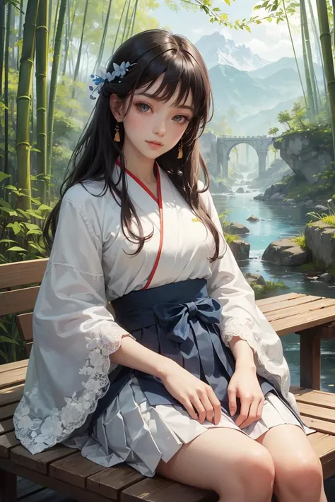 best quality,high detail,(detailed face),detailed eyes,1girl,solo,(Bright eyes),(Blue and white pleated skirt,White Uesugi,Yellow lace),Clear facial features,outdoor,hanfu,bamboo forest,Stone bench,Stone table,musical instrument,grassland,earth,rivers,Far Mountains,happy,<lora:more_details:0.3>, <lyco:GPTS4 dreamwave full_478773:0.3>,<lora:GoodHands-vanilla:1>,