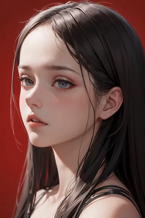 best quality,high detail,(detailed face),a 20 yo woman,long hair,dark theme,soothing tones,muted colors,high contrast,(natural skin texture, hyperrealism, soft light, sharp),red background,simple background,<lora:GoodHands-vanilla:1>,